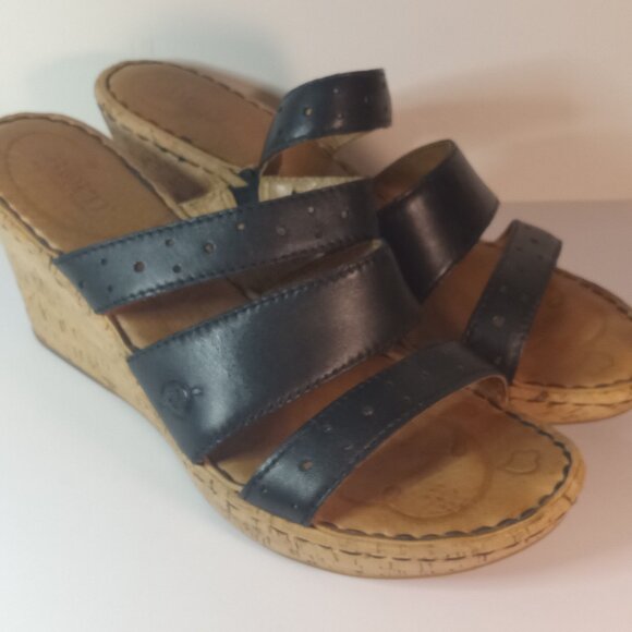 Born Shoes - BORN Black Strappy Sandals Criss Cross Wedge Women Leather Shoes Size 8M